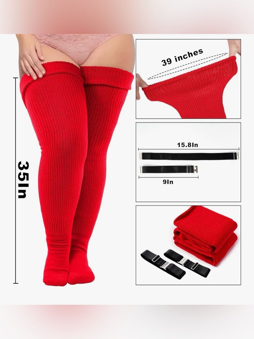Red Ribbed Thigh-High Knit Socks